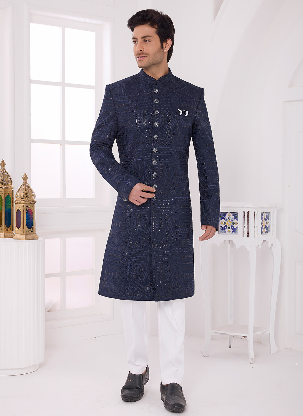 Navy Blue Art Silk Embroidered Engagement Indo Western - Buy Online