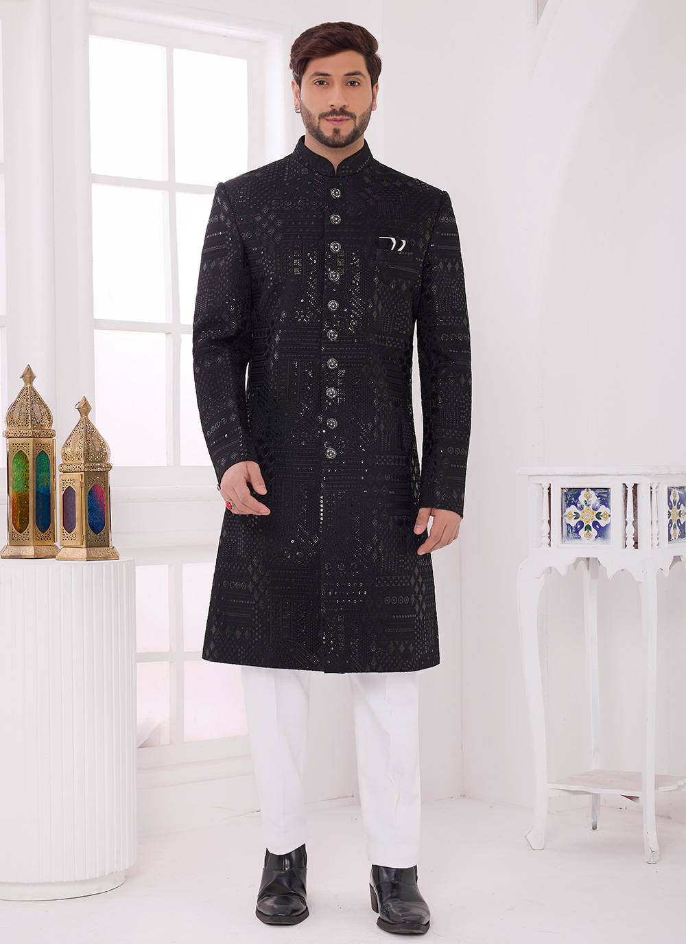 Art Silk Embroidered Black Wedding Function Indo Western - Buy Online