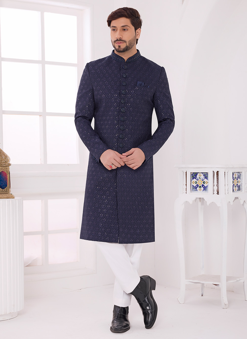 Navy Blue Art Silk Indo Western with Thread Embroidery Work - Buy Online