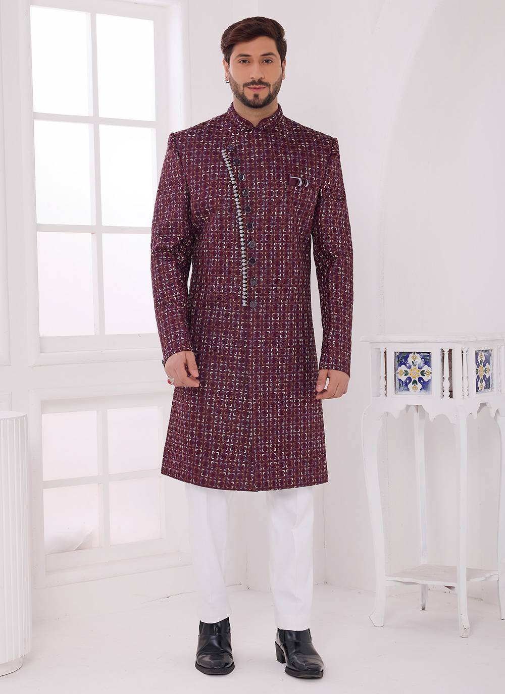 Wine Thread Embroidered Art Silk Engagement Indo Western - Buy Online