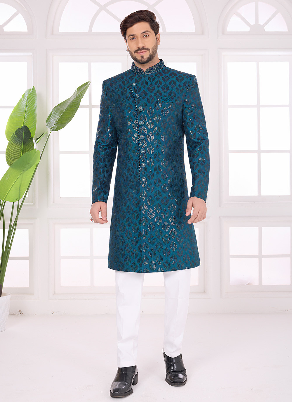 Teal Art Silk Embroidered Indo Western - Buy Online