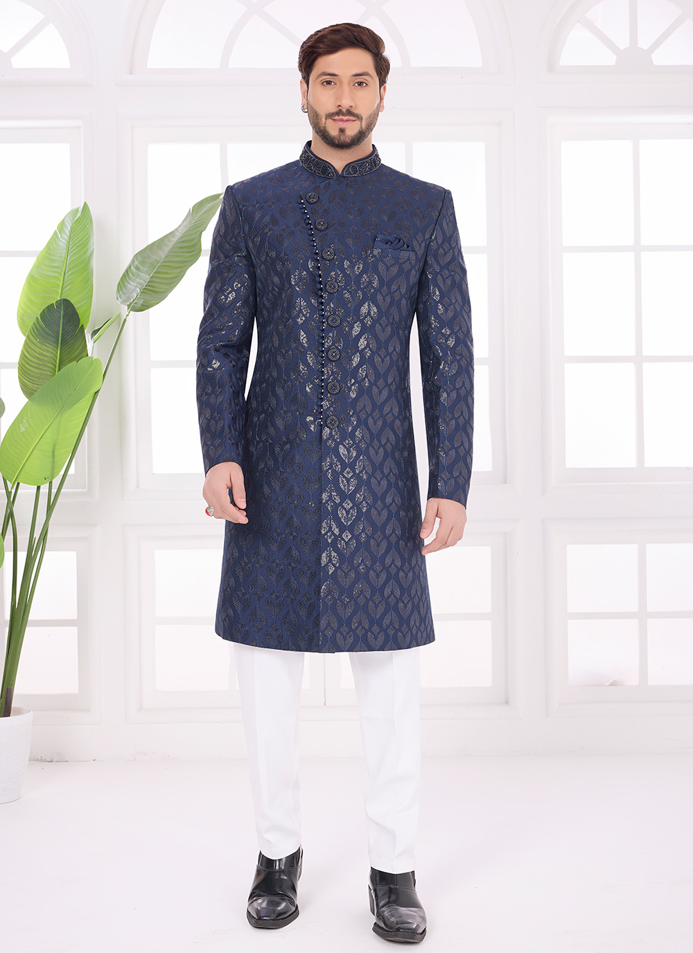 Art Silk Navy Blue Embroidered Indo Western for Festival - Buy Online