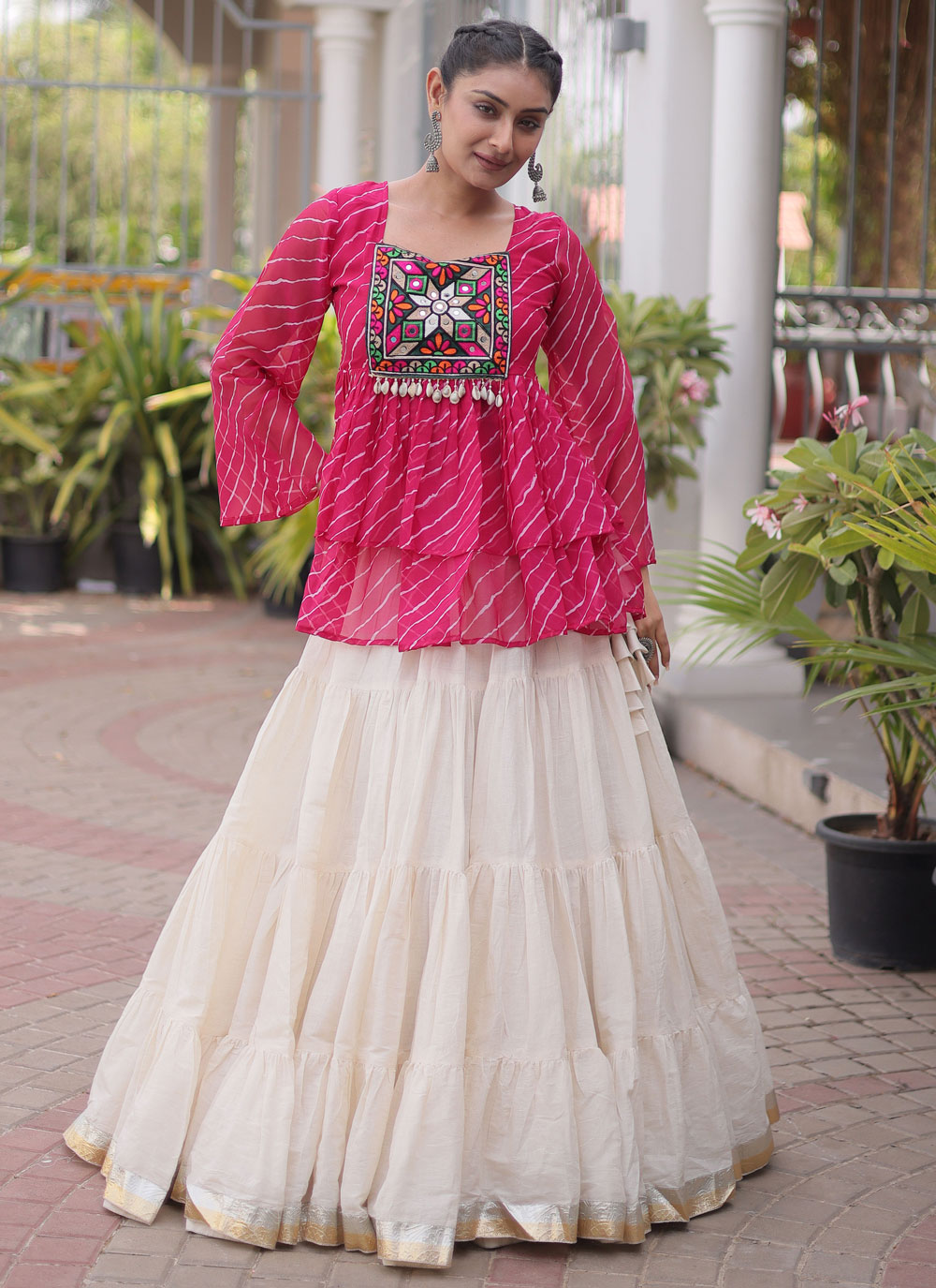 Pink and Off White Print and Gamthi Work Cotton Lehenga Choli - Buy Online