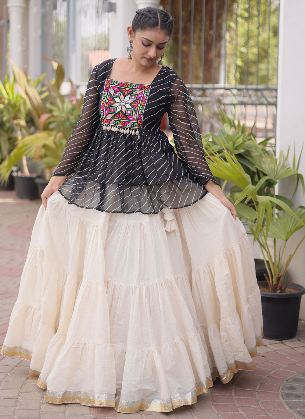 Printed Black and Off White Cotton Lehenga Choli for Festival - Buy Online