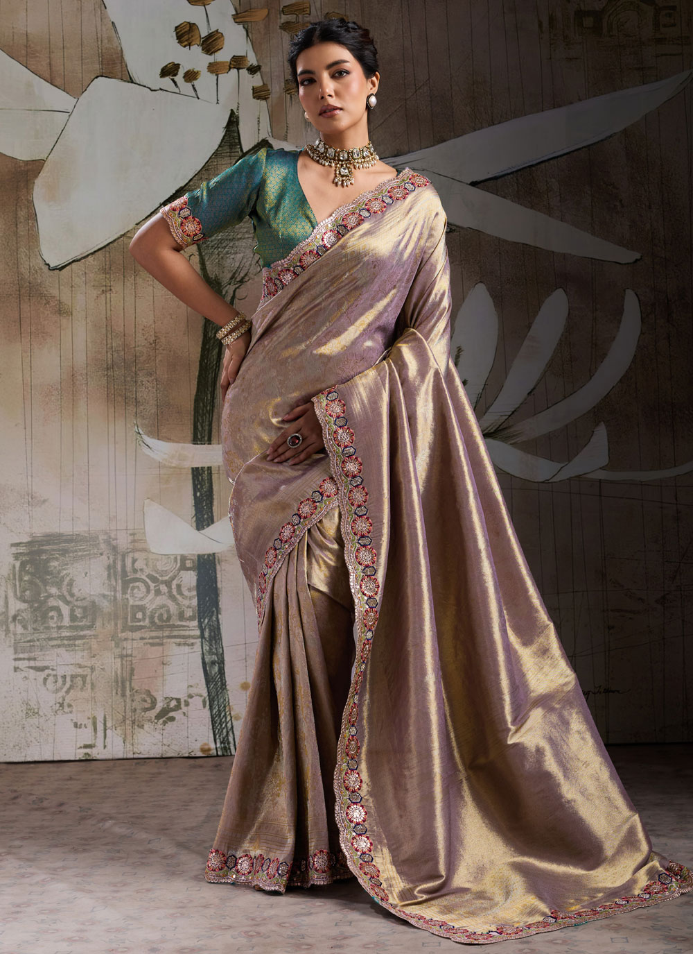 Banarasi Jacquard Silk Embroidered Classic Saree in Lavender - Buy Online