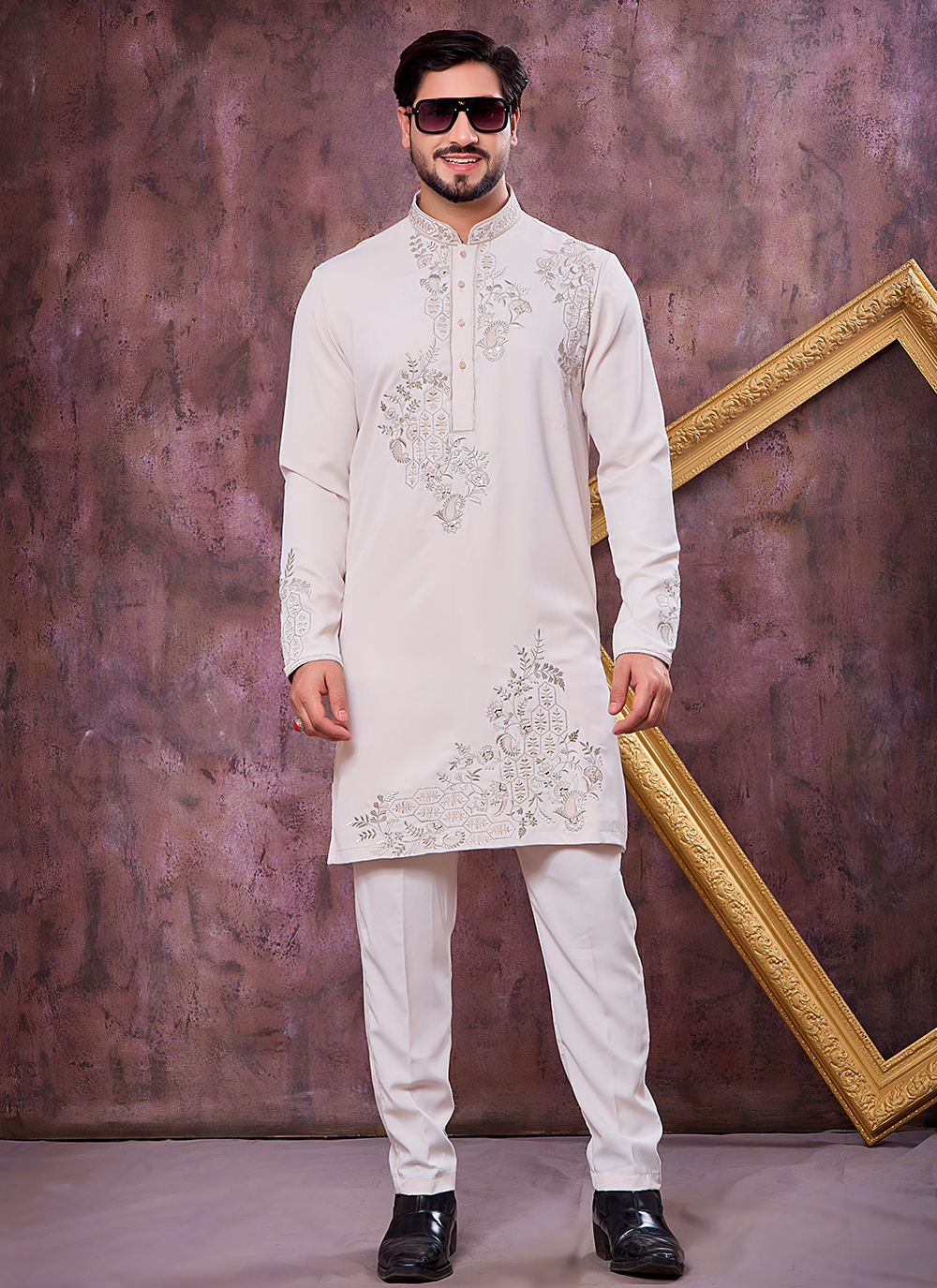 Cream Armani Mirror Embroidered Kurta Pyjama - Buy Online