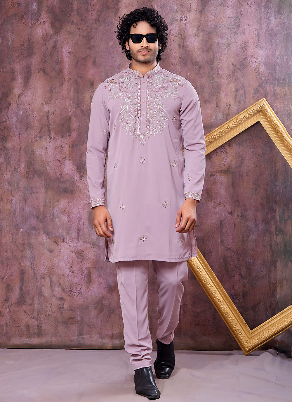 Armani Pink Embroidered Mirror Work Kurta Pyjama - Buy Online