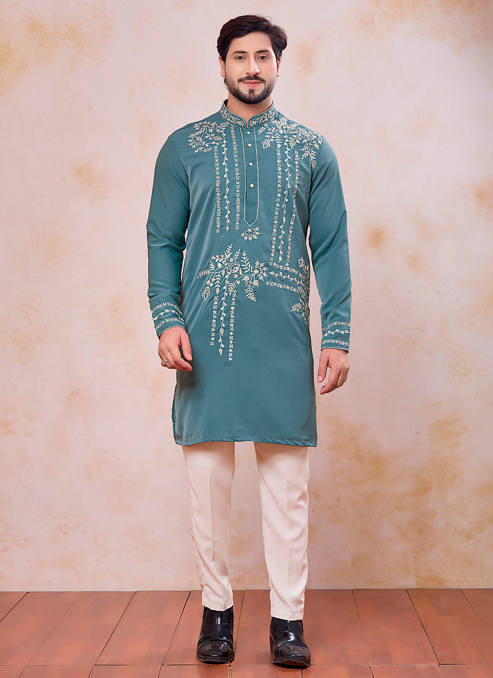 Embroidered Mirror Work Armani Kurta Pyjama in Teal - Buy Online