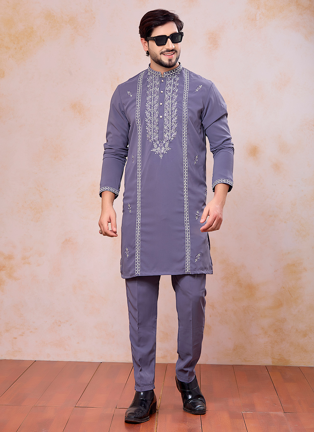 Armani Purple Mirror Embroidered Kurta Pyjama - Buy Online