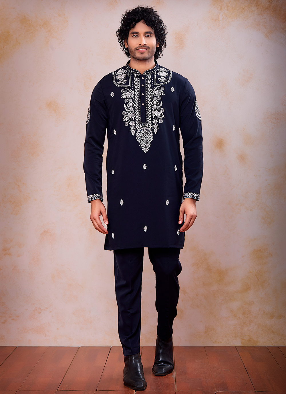 Navy Blue Mirror Embroidered Armani Kurta Pyjama for Ceremonial - Buy Online