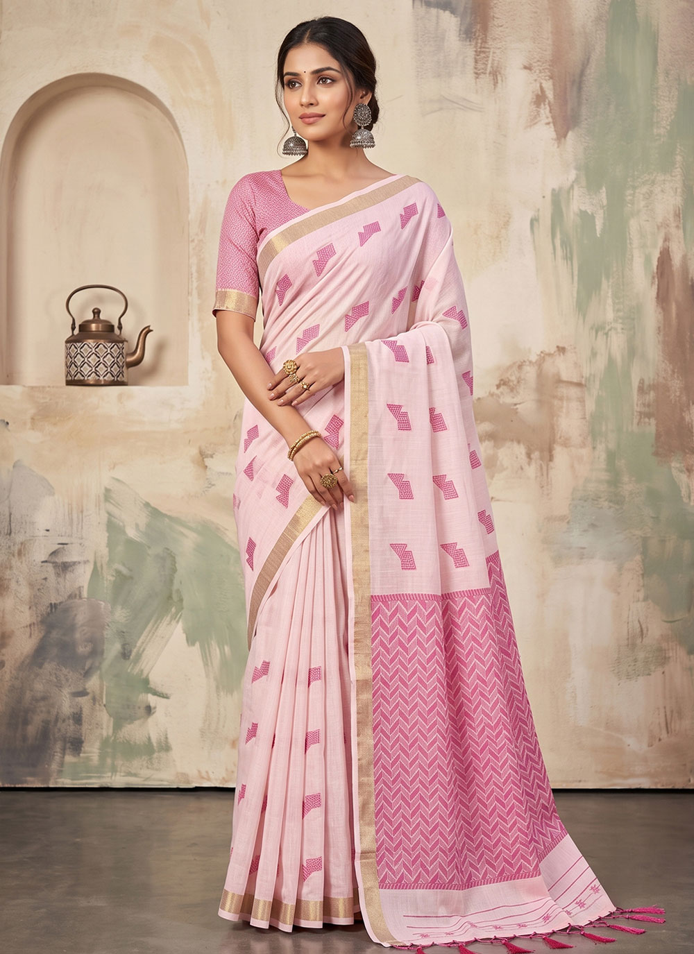 Pink Linen Woven Work Contemporary Saree - Buy Online