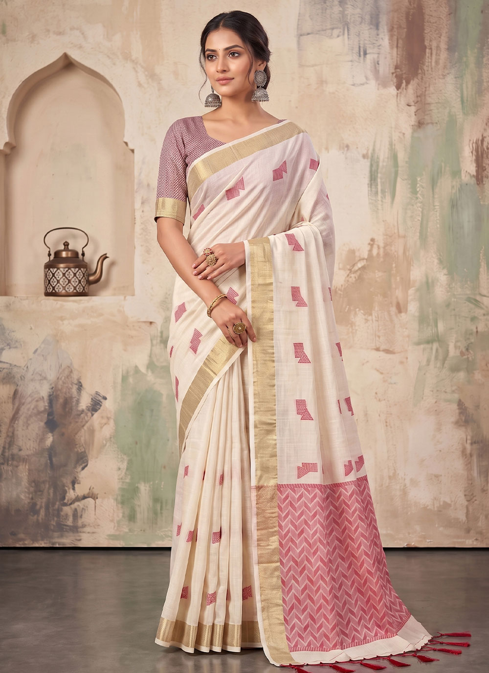 Linen Cream Woven Festival Trendy Saree - Buy Online
