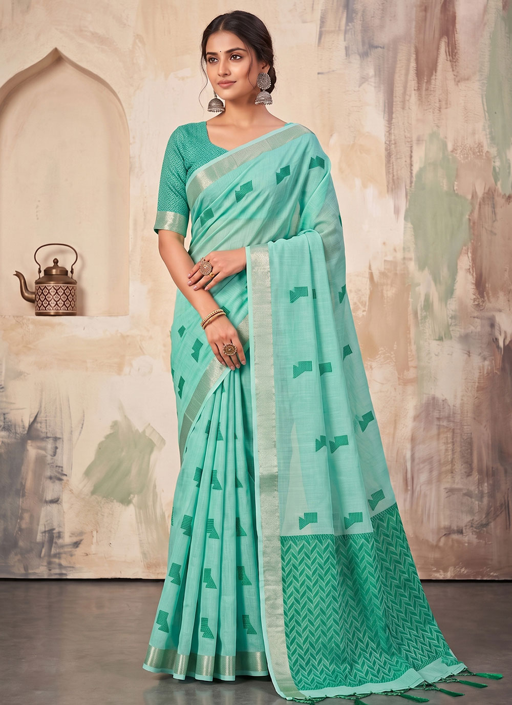 Linen Woven Classic Saree in Sea Green - Buy Online