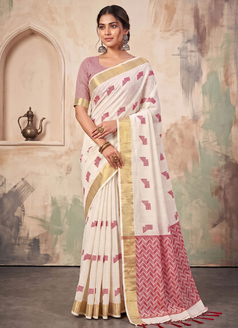 Off White Linen Woven Classic Saree - Buy Online
