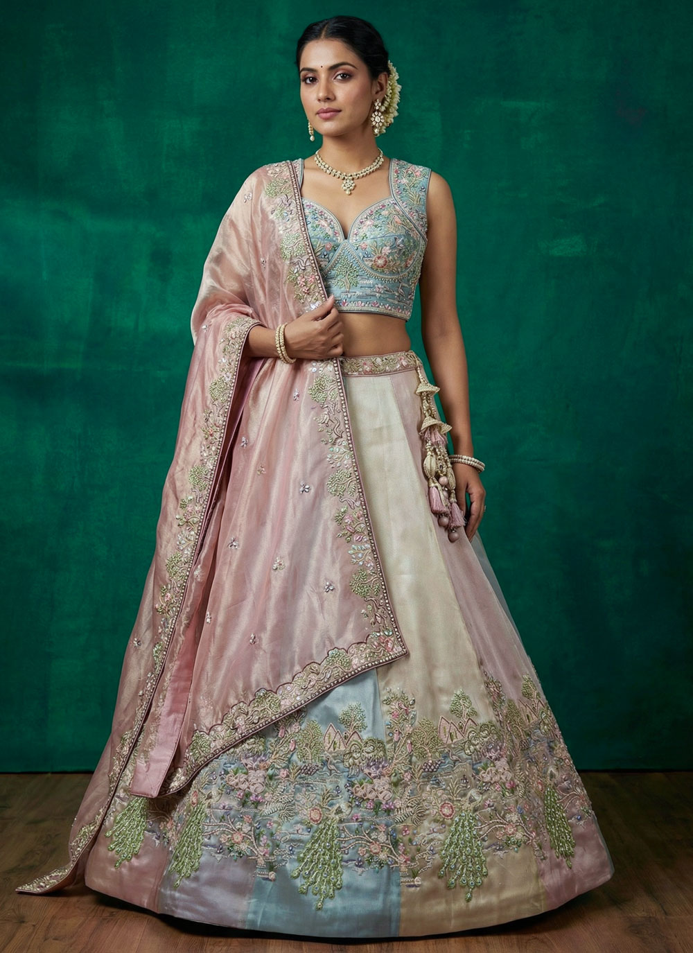 Organza Multi Colour Beads Thread Embroidered Lehenga Choli - Buy Online