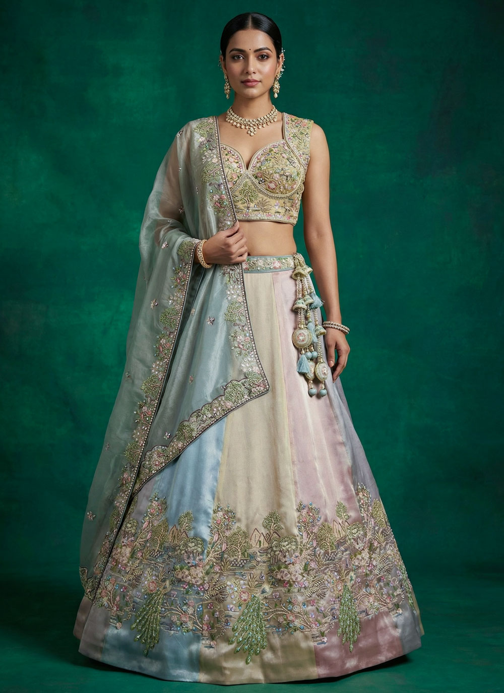 Multi Colour Organza Embroidered Designer Lehenga Choli - Buy Online