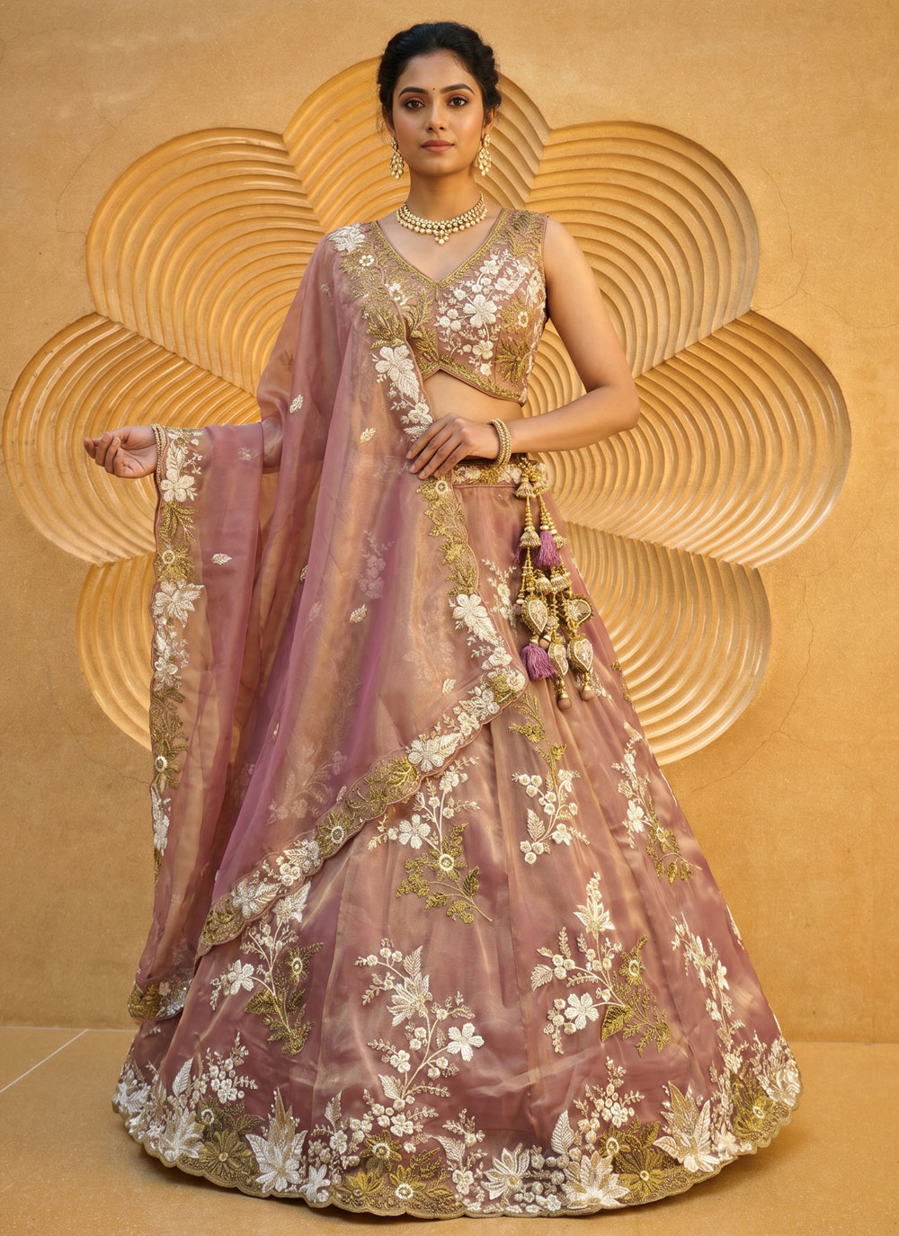 Pink Tissue Beads Thread Embroidered Engagement Lehenga Choli - Buy Online