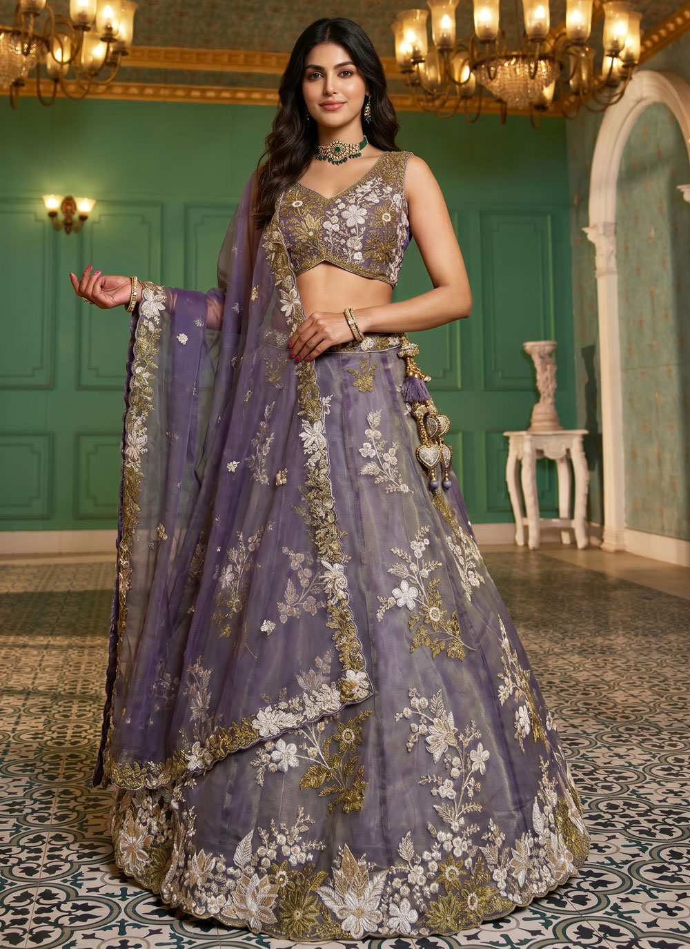 Tissue Purple Embroidered Beads Cutwork Reception Lehenga Choli - Buy Online