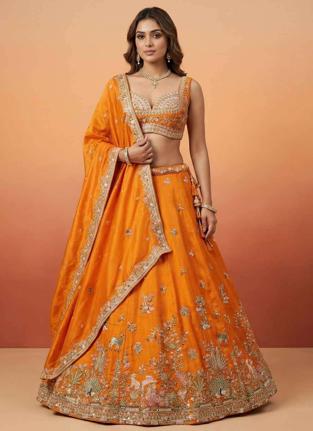 Orange Tissue Embroidered Wedding Lehenga Choli - Buy Online