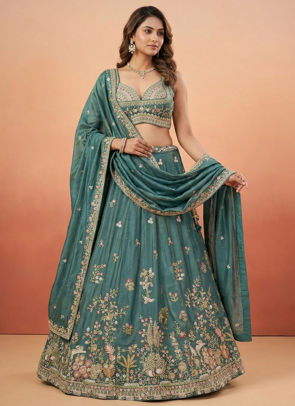 Embroidered Stone Thread Work Tissue Lehenga Choli in Rama - Buy Online