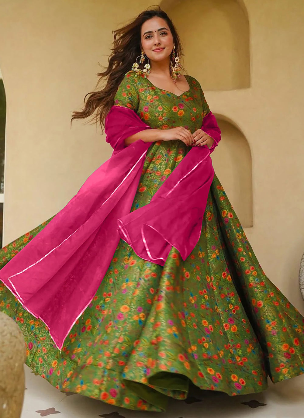Green Silk Digital Print Readymade Ceremonial Gown - Buy Online