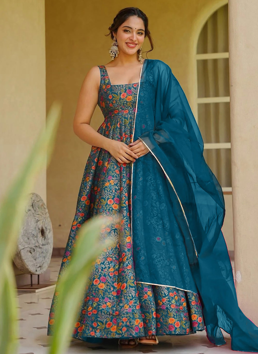Silk Multi Colour Digital Print Readymade Plus Size Gown - Buy Online