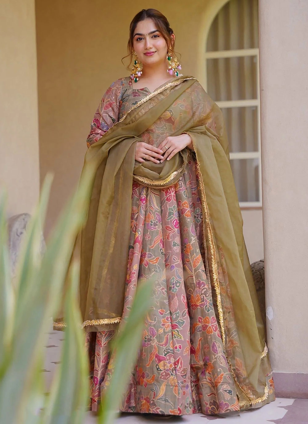 Multi Colour Silk Digital Print Readymade Designer Gown - Buy Online