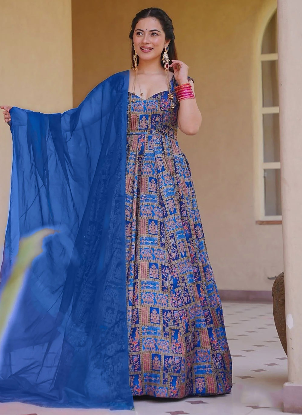 Silk Digital Print Work Plus Size Readymade Gown in Blue - Buy Online