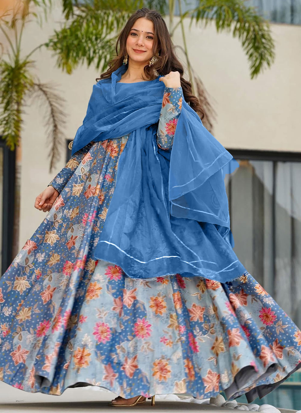 Multi Colour Silk Digital Printed Festival Trendy Gown - Buy Online