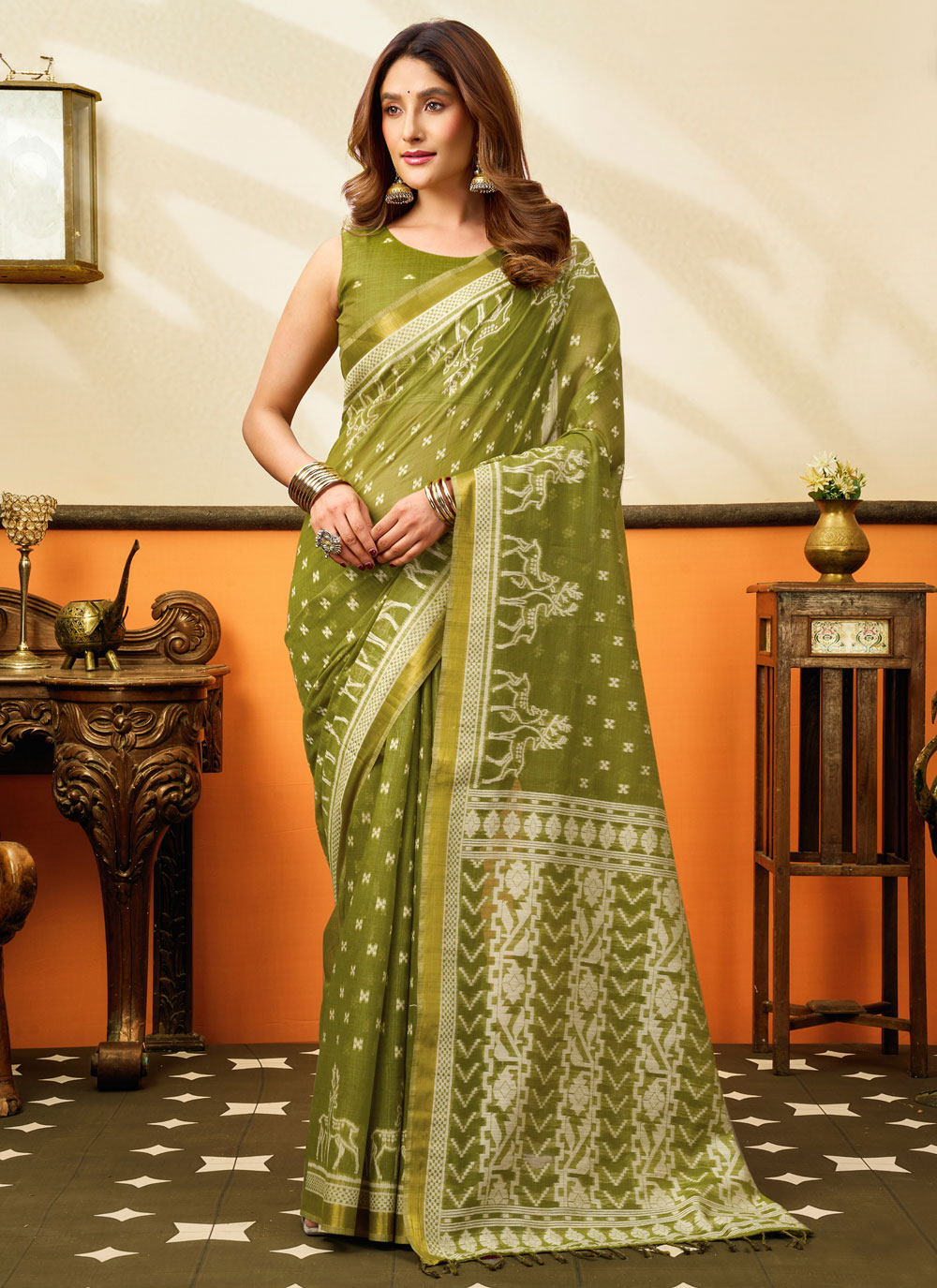 Green Printed Cotton Classic Saree - Buy Online