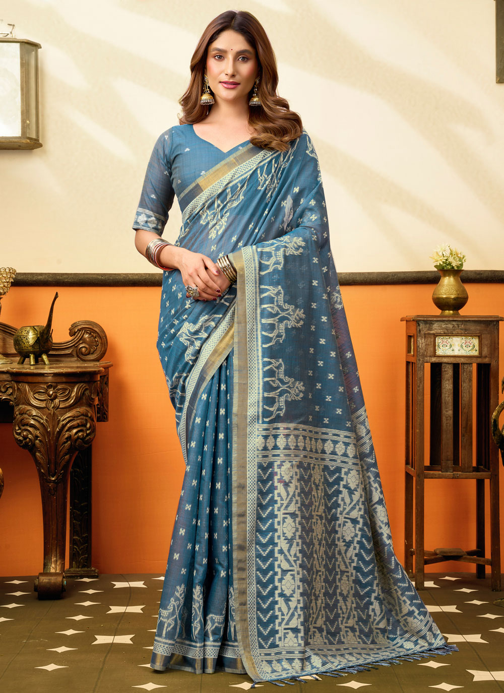 Cotton Aqua Blue Printed Trendy Casual Saree - Buy Online