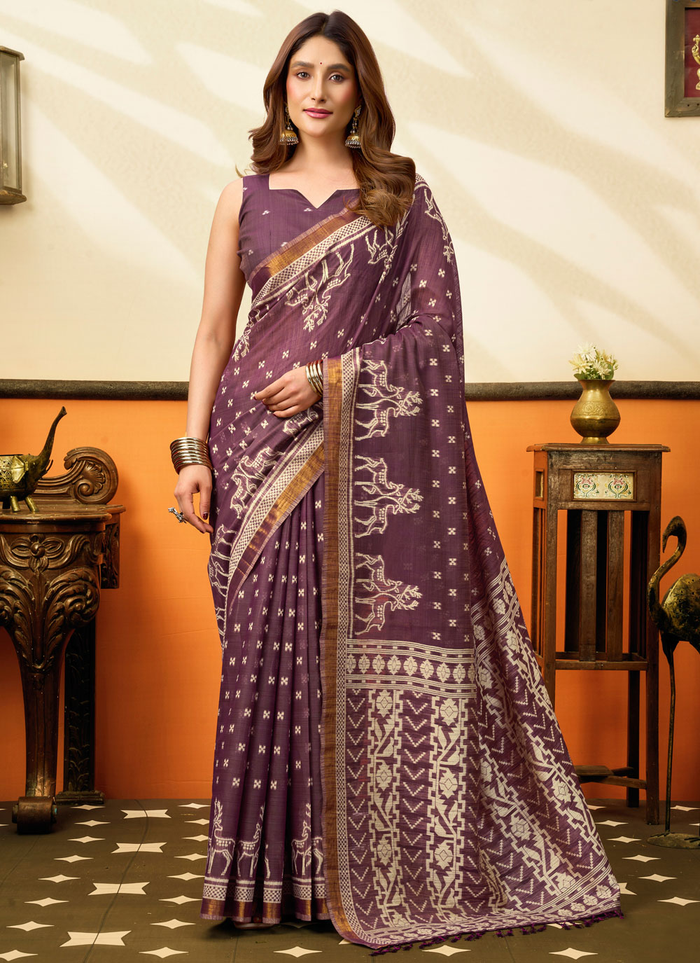 Purple Printed Cotton Traditional Saree - Buy Online
