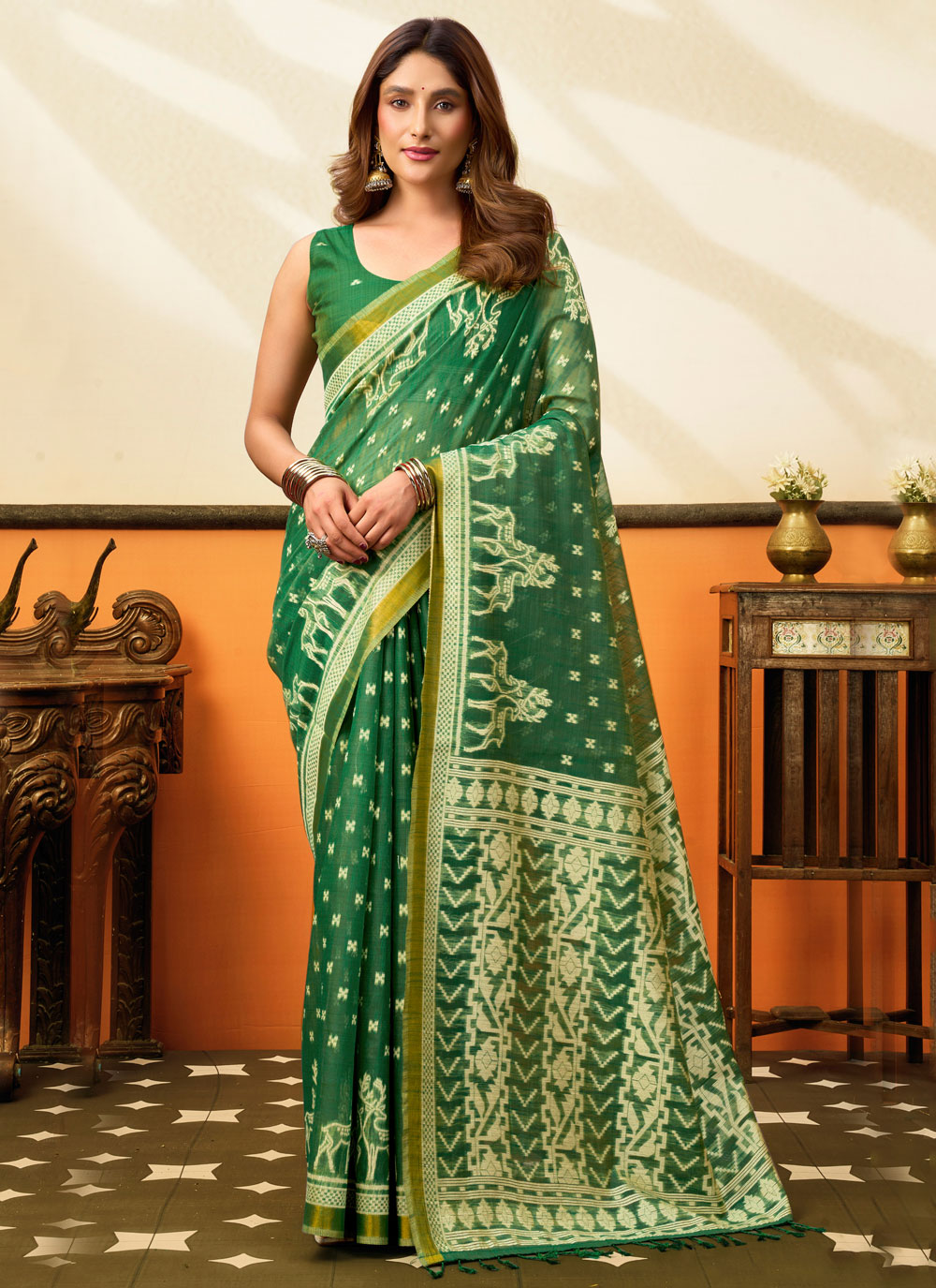 Printed Cotton Contemporary Green Saree - Buy Online