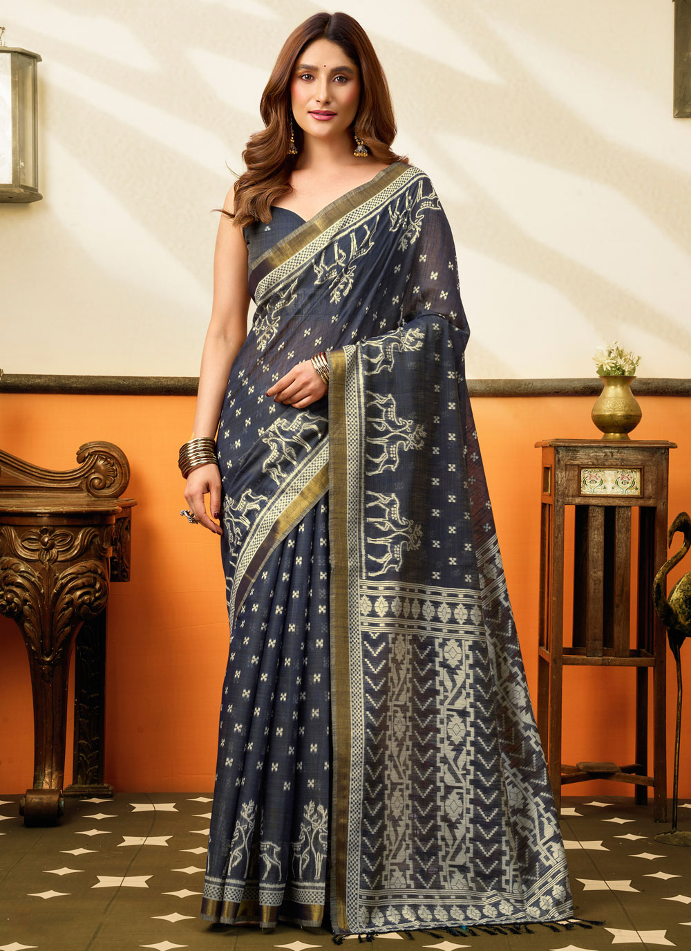 Cotton Print Work Classic Saree in Navy Blue - Buy Online