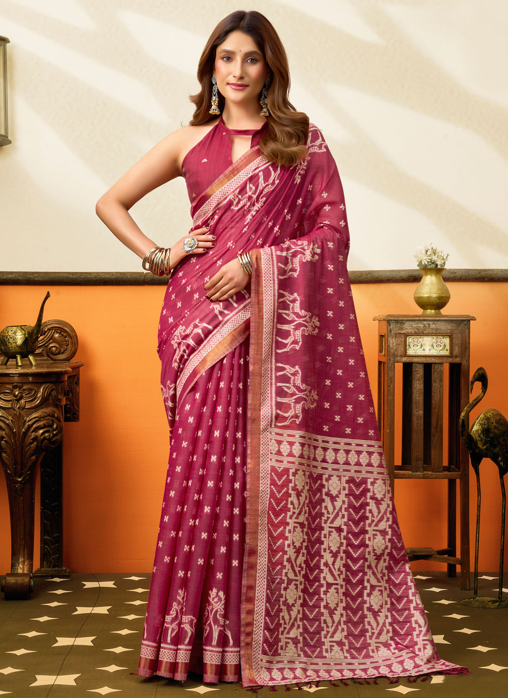Pink Printed Cotton Casual Wear Saree - Buy Online