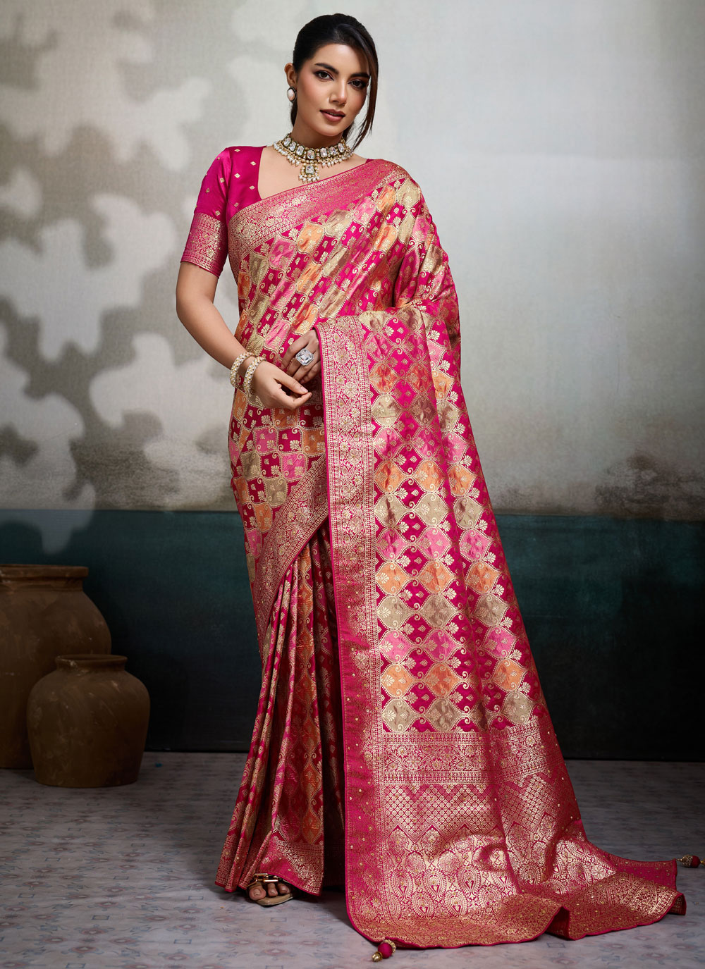 Multi Colour Satin Jacquard Meenakari Handwork Designer Saree - Buy Online