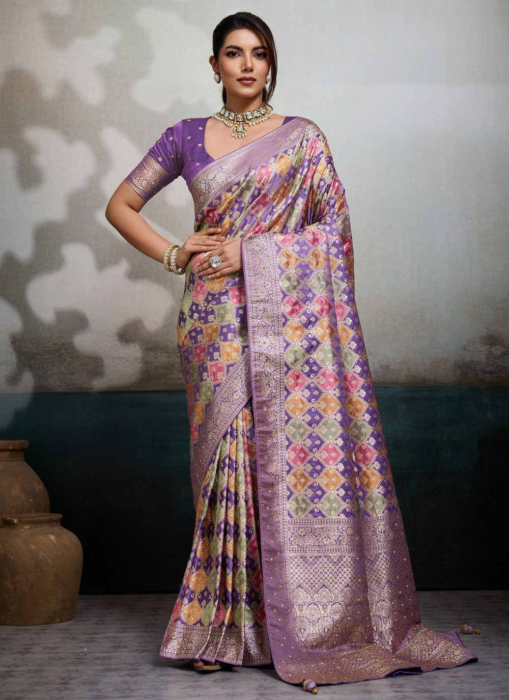 Satin Jacquard Meenakari Weaving Classic Multi Colour Saree - Buy Online