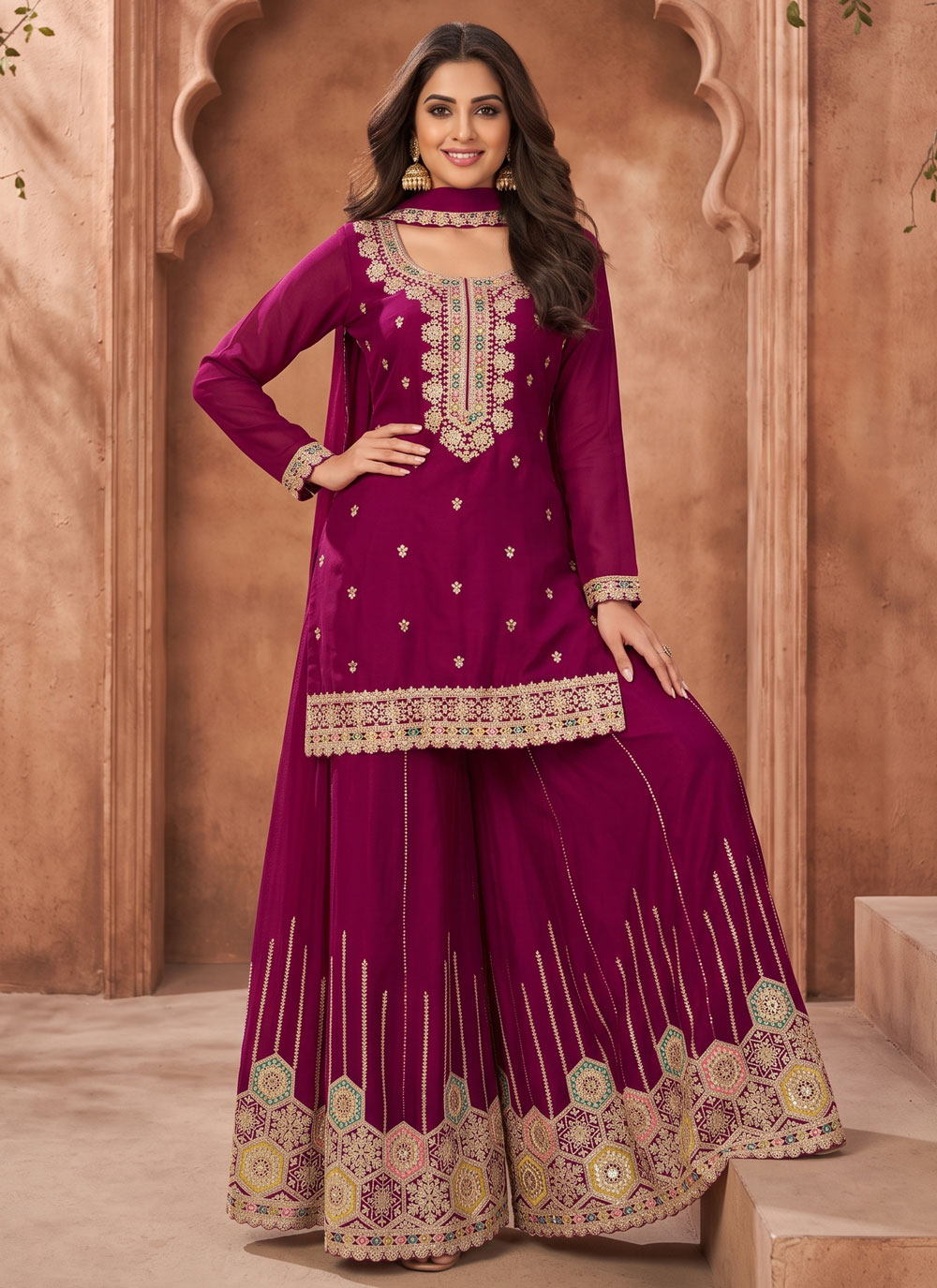 Magenta Embroidered Chinon Readymade Salwar Kameez - Buy Online