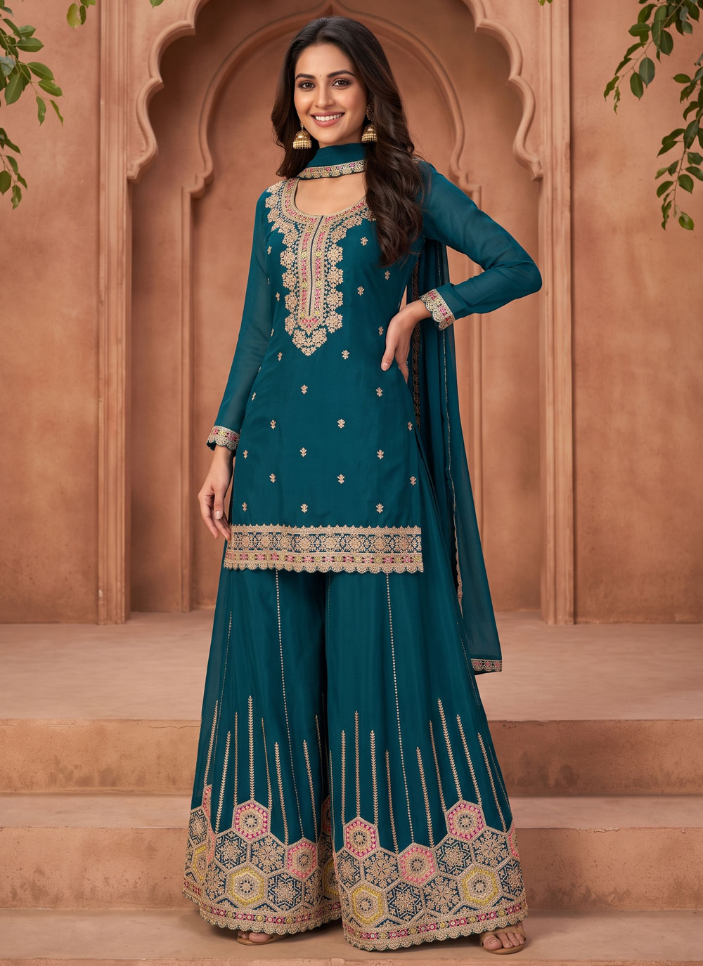 Chinon Zari Embroidered Palazzo Salwar Suit in Teal - Buy Online