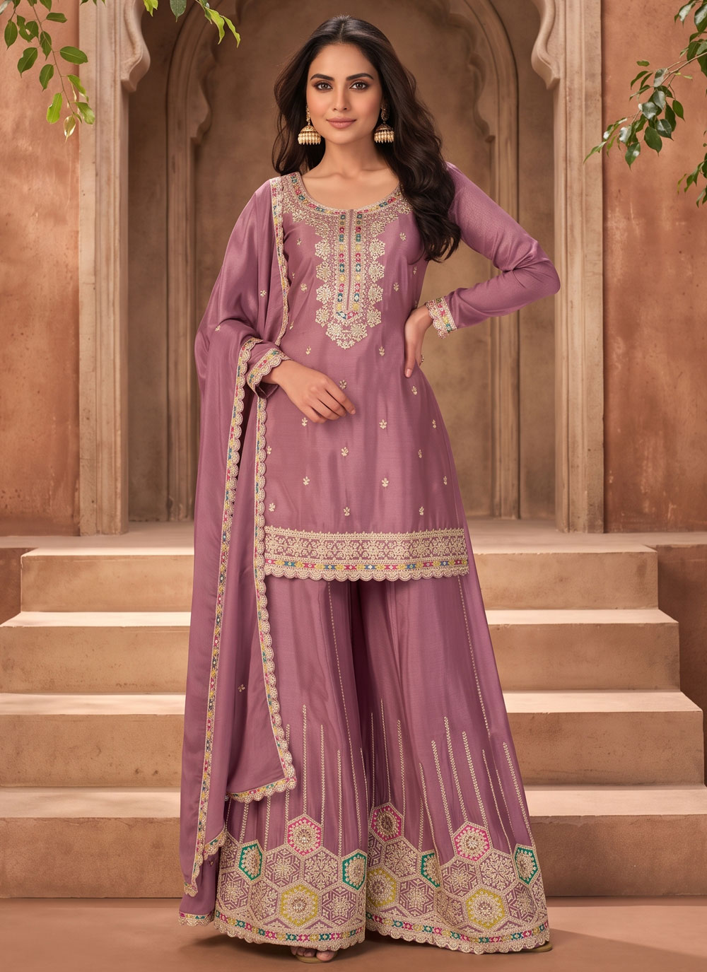 Pink Chinon Zari Embroidered Salwar Kameez for Ceremonial - Buy Online