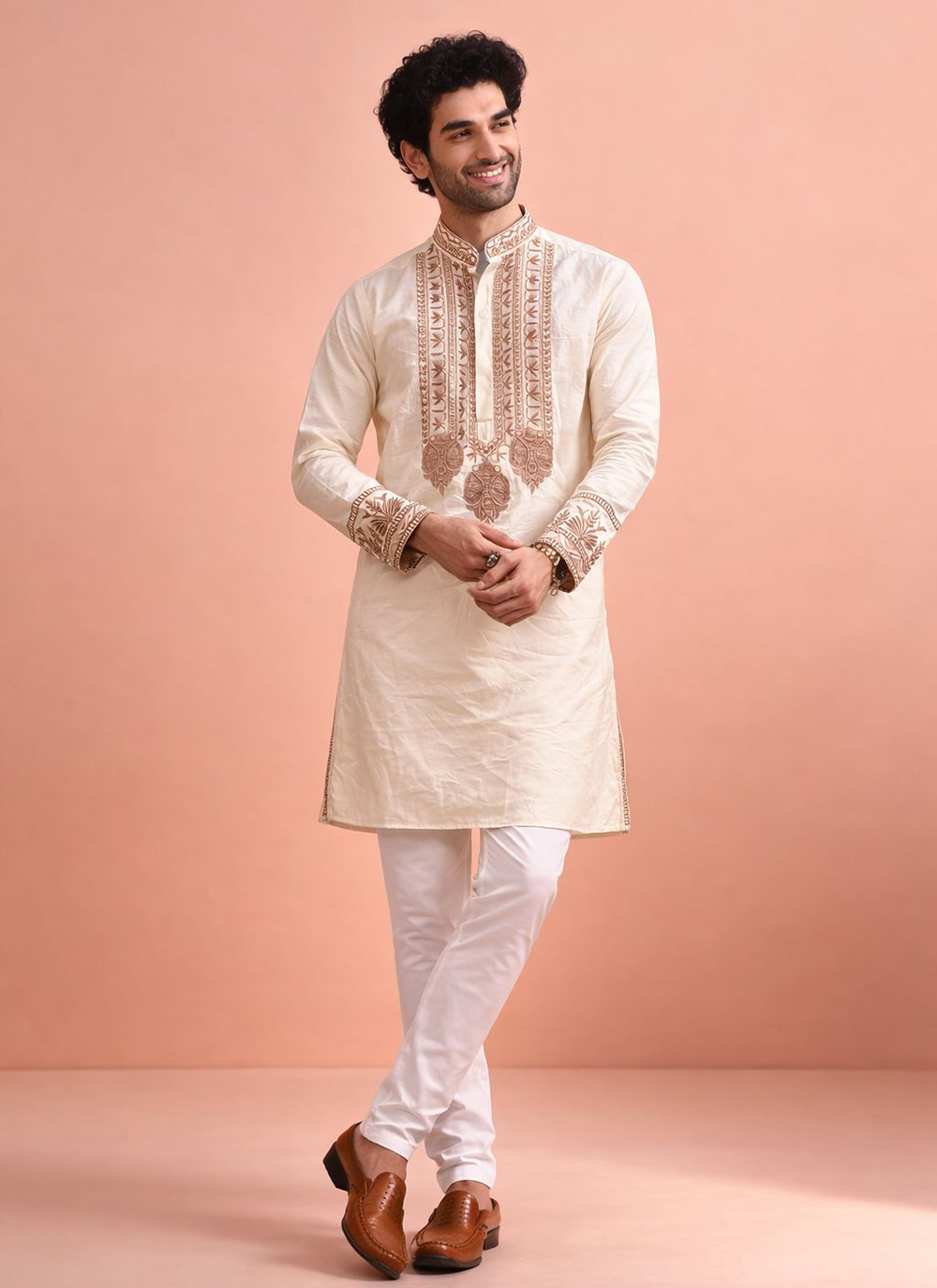 Cream Silk Embroidered Festival Wear Kurta Pyjama - Buy Online