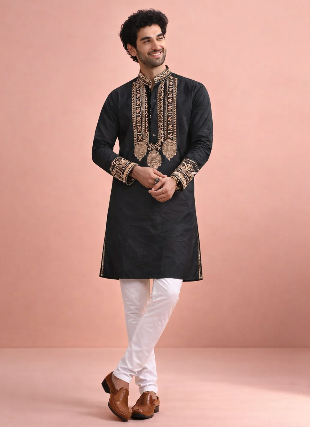Black Embroidered Silk Trendy Kurta Pyjama - Buy Online