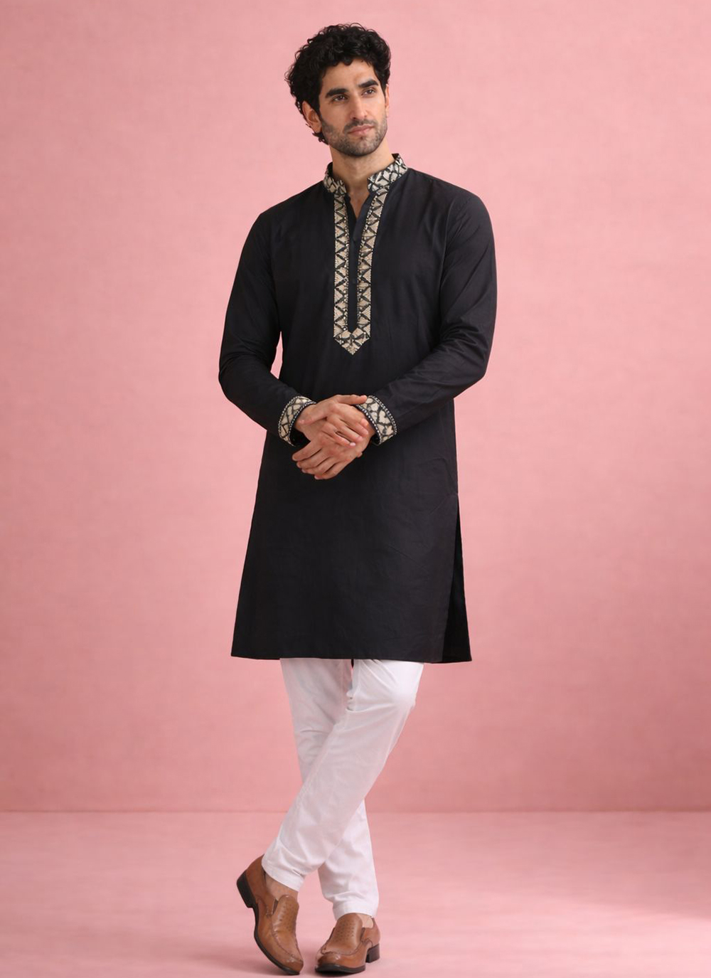 Silk Embroidered Designer Black Kurta Pyjama - Buy Online
