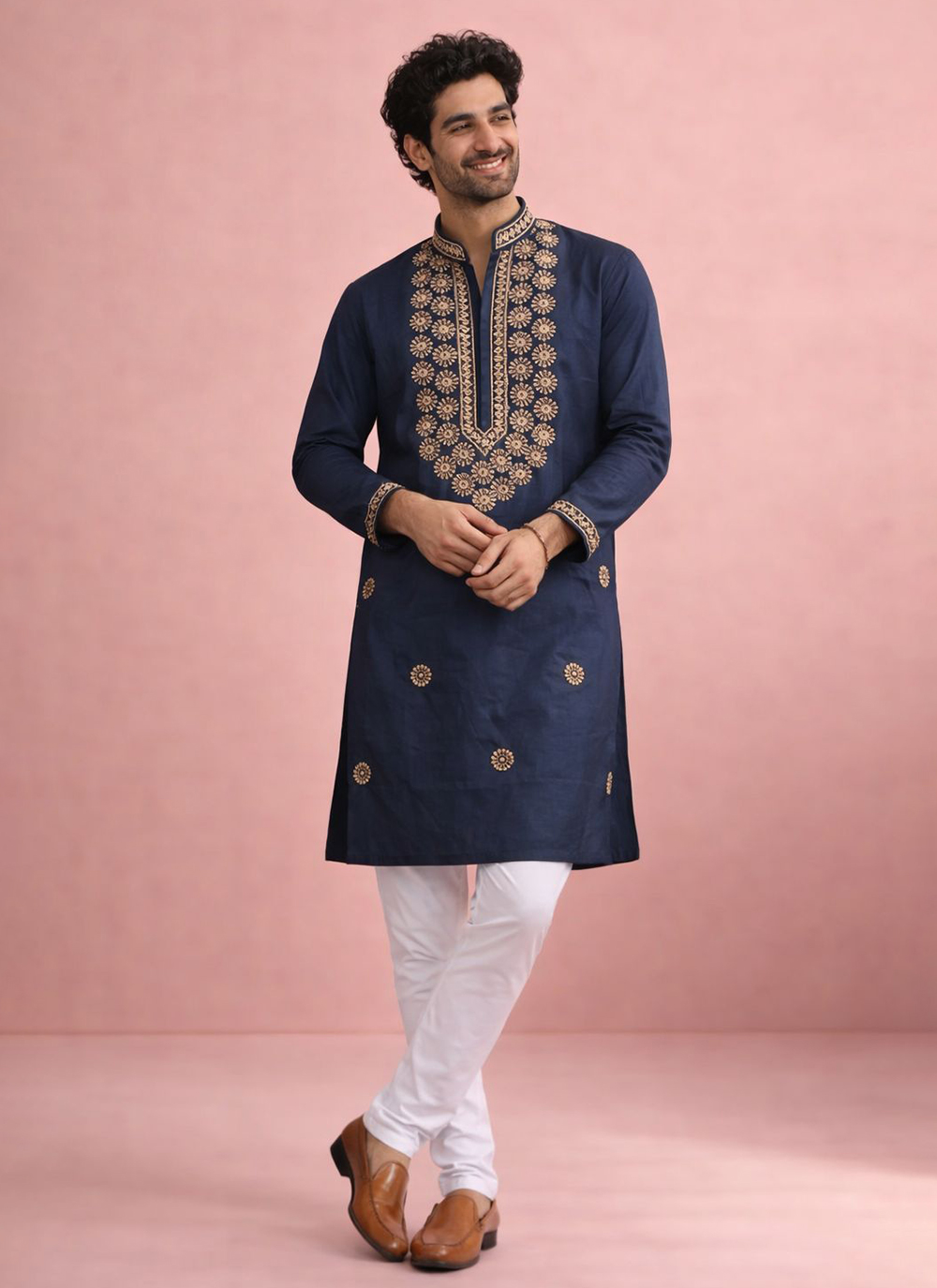 Navy Blue Silk Embroidered Kurta Pyjama for Ceremonial - Buy Online