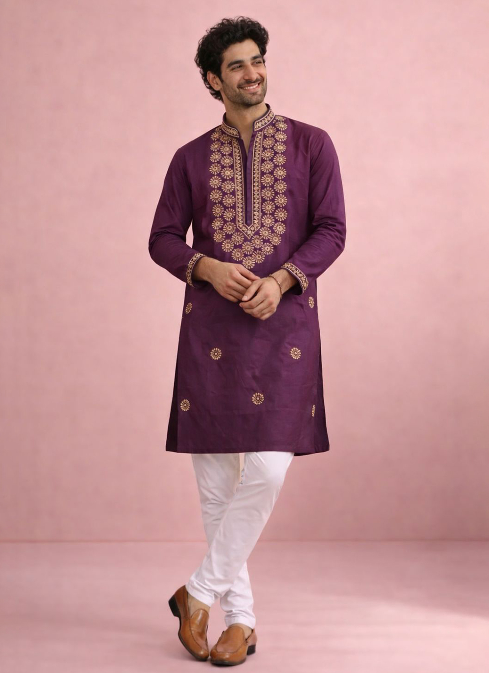 Embroidered Silk Wine Festival Wear Kurta Pyjama - Buy Online