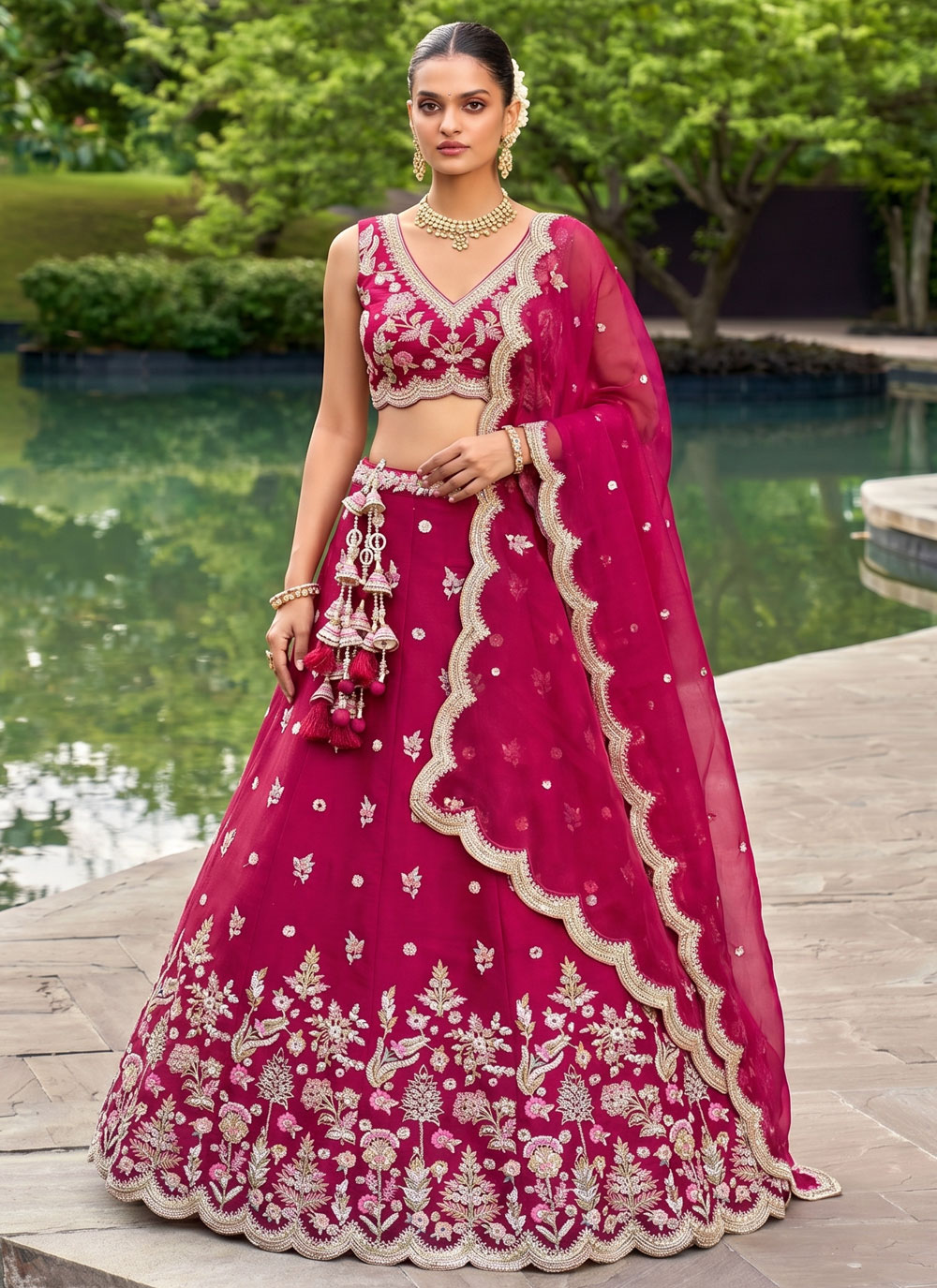 Rani Tissue Mirror Sequins Embroidered Lehenga Choli for Engagement - Buy Online