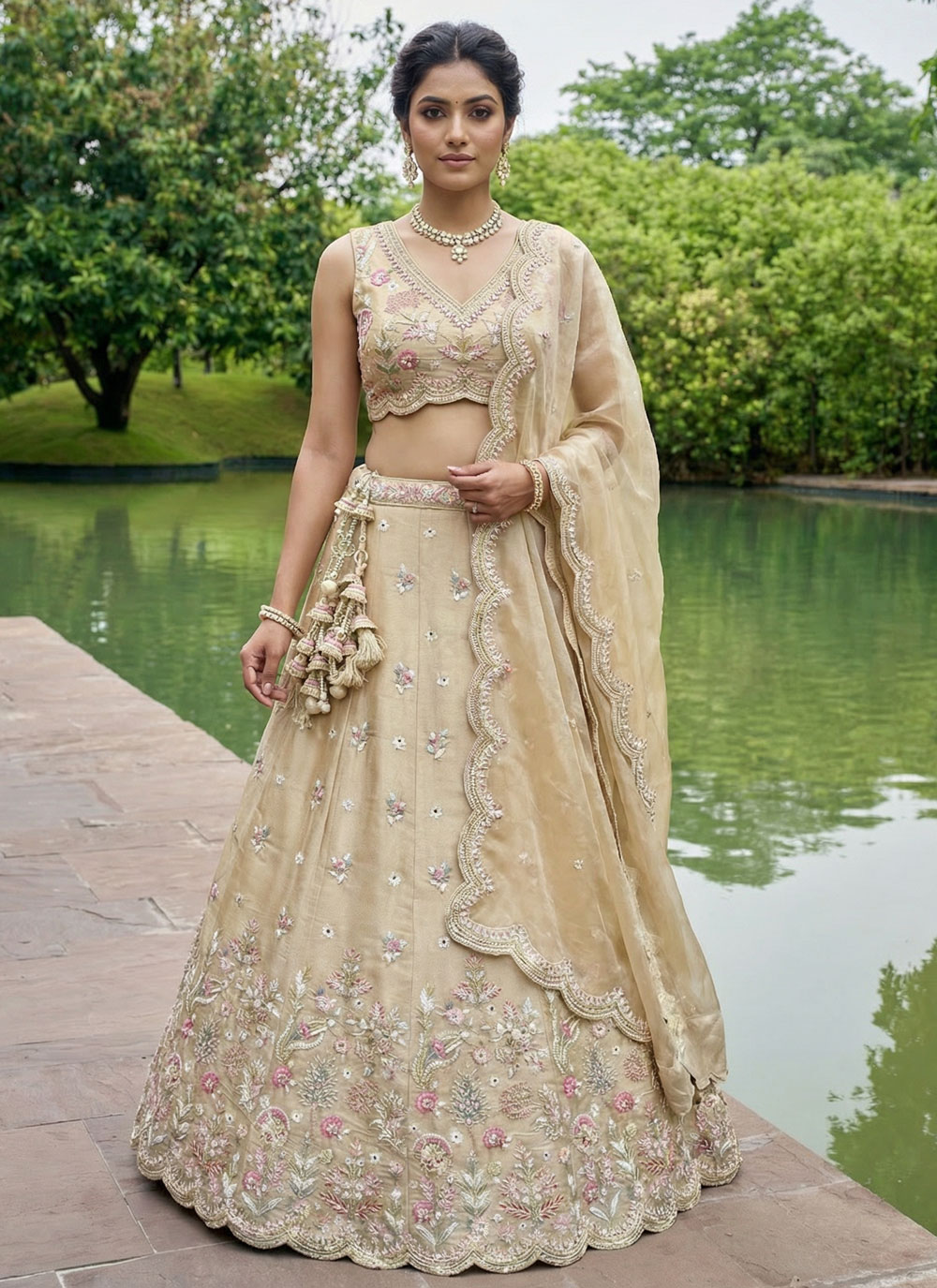 Tissue Beige Embroidered and Cutwork Designer Lehenga Choli - Buy Online