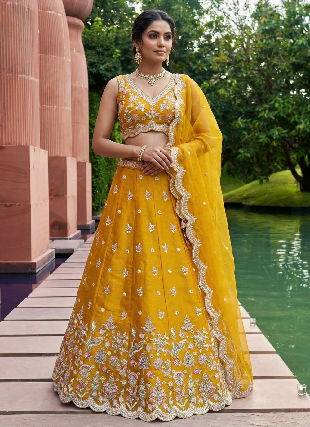 Mustard Mirror Embroidered Cutwork Tissue Ceremonial Lehenga Choli - Buy Online