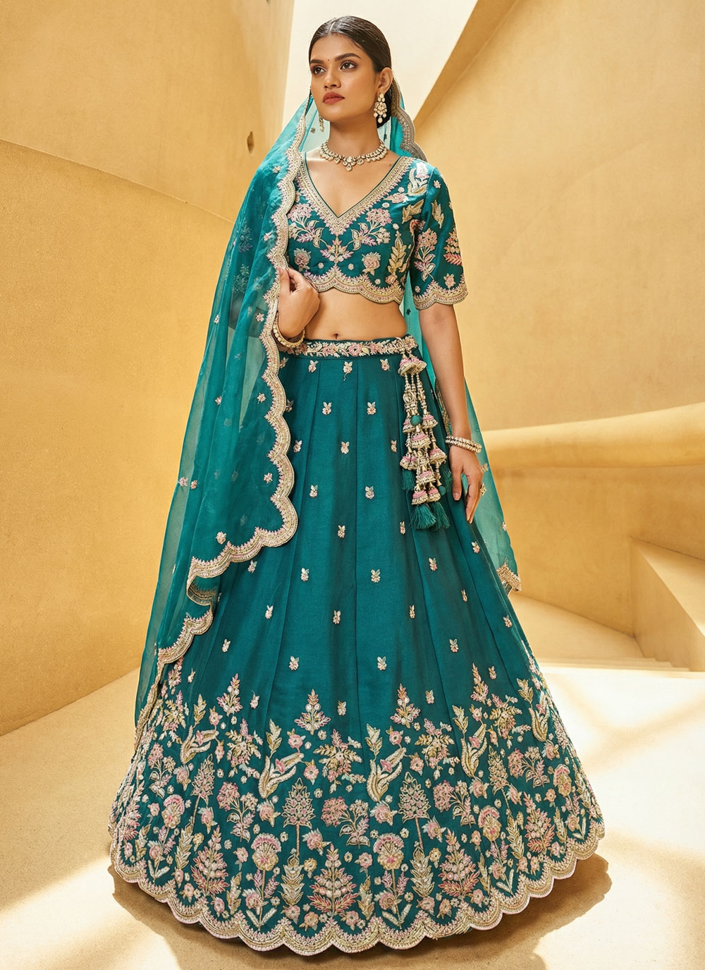 Tissue Embroidered Mirror Work Teal Wedding Function Lehenga Choli - Buy Online