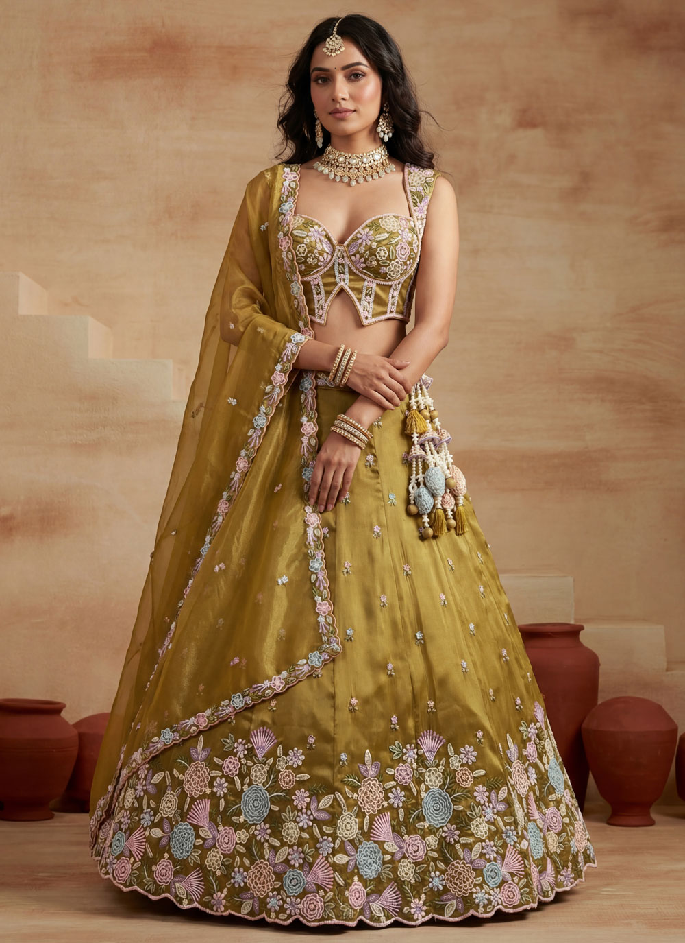 Mustard Tissue Beads Embroidered Thread Cutwork Trendy Lehenga Choli - Buy Online